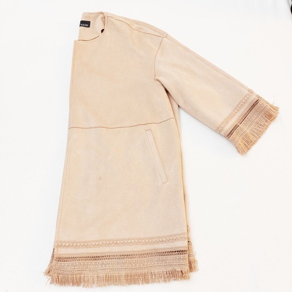 Zara Fringed Jacket Cardigan Textured Faux Suede Nude Pink Size L - Picture 3 of 6
